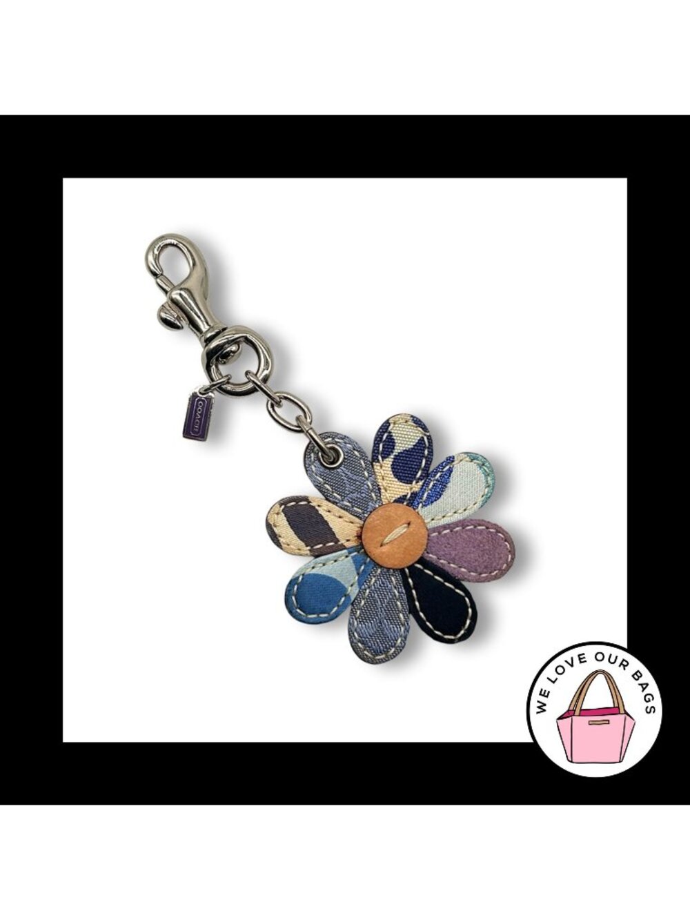 VINTAGE Y2K COACH Daisy Patchwork Denim Keychain Leather Fob Bag Charm Hang Tag